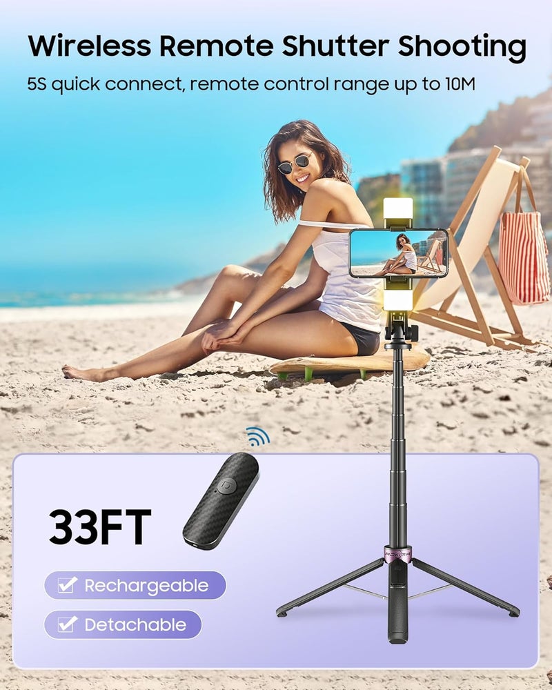 Aklima 53'' Selfie Stick Tripod with Light, Enhanced 4-Leg Cell Phone Stand Camera Tripod with Rechargeable Wireless Remote & 2 Fill Light, Portable Selfie Stick Travel Essentials for iPhone Android - Image 3